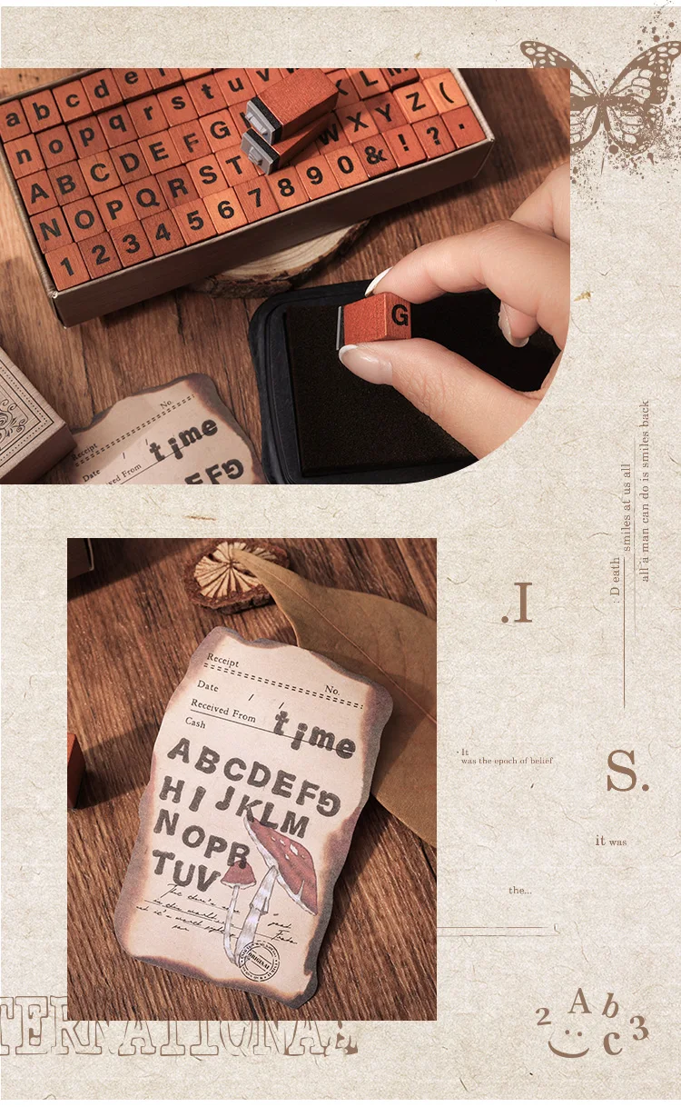 Journal GO 70 Stück/Box Alphabet-Stempel, Vintage-Stil, Holz, Gummi, Buchstabe, Zahl, Symbol, Stempelset, Kartenherstellung, Planer, Journal, DIY – Detail 4