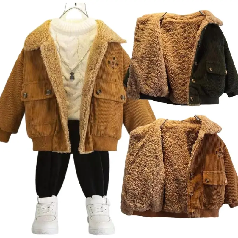 Corduroy Fur Coat For Boys Winter Jacket Lapel Plush Warm Outerwear Children Fashion Boys Thicken Lambswool Jackets 1-5 Years kids jackets