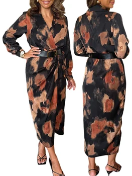 Women's Long Sleeve Tie-Dye Print V-Neck Wrap Dress with Belt for Cocktail Party and Streetwear Fashion 4