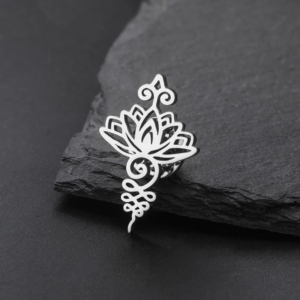 Dawapara Unalome Symbol Lotus Brosche Pins Buddhismus Yoga Blume Spirituelle Heilige Meditation Schmuck Edelstahl – Detail 15