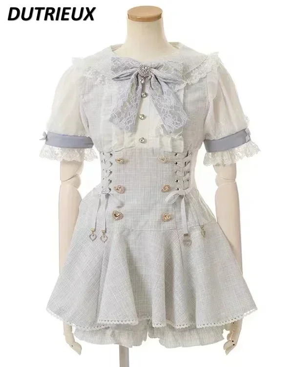 Lolita Clothes Japanese Mine Mass-Produced Short-Sleeve Shirt Shorts Set Women Sweet Cute Doll Collar Shirt Dress Two-Piece Suit 6