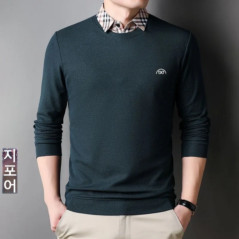 

New Men's Golf Wear 2024 Spring Fashion Top Grade Long Sleeved Fake Two Pieces Luxury T-shirt Casual Sports Men's Golf Clothing