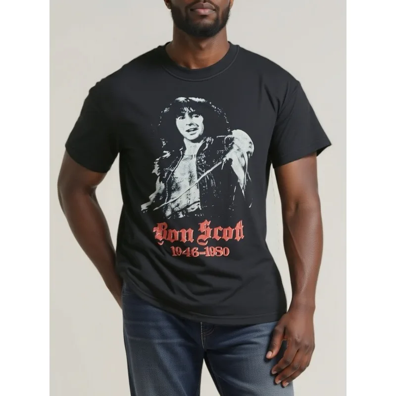 Herren-T-Shirt im Vintage-Stil mit Grafik zum Gedenken an Bon Scott – ein schwarzes, bequemes T-Shirt mit weißer Aufschrift
