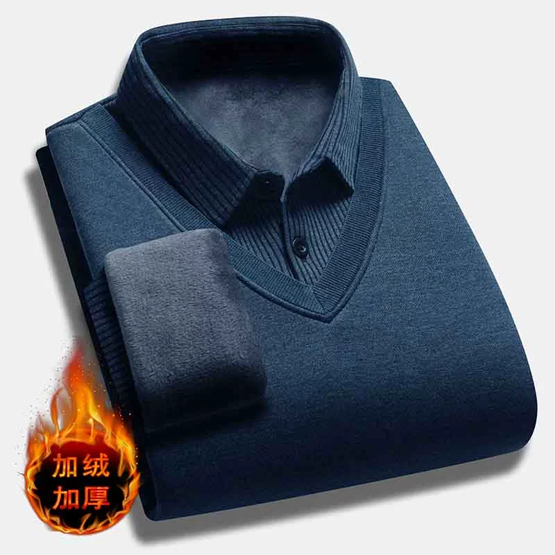 

Mens Winter Sweater Pullover Mens Business Casual Slim Fake Two Fleece Thick Warm Shirts High Quality Cotton Kintwear Sweater
