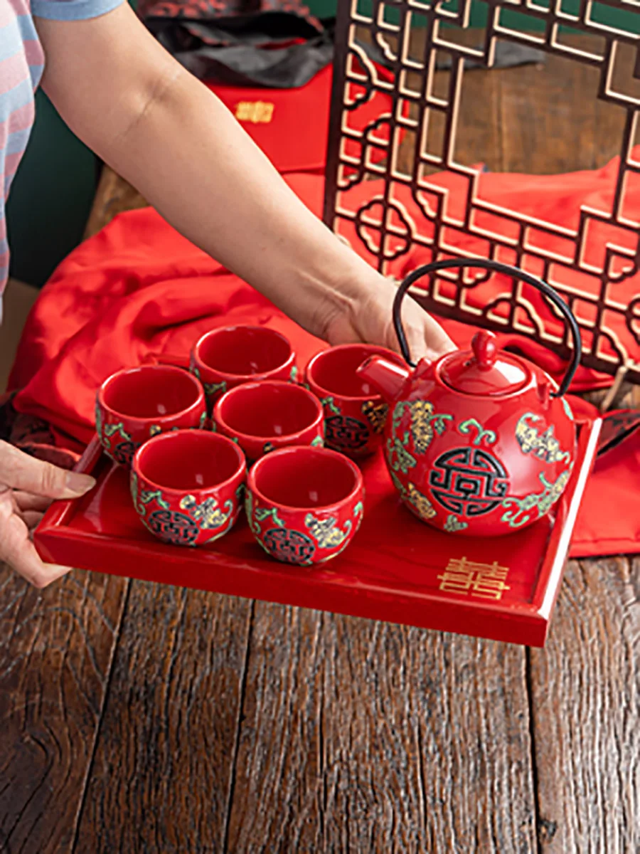 Chinese Red Ceramic Tea Set, Home Teapot, Porcelain Kung Fu Kettle, Creative Teaware, Wedding Souvenir, Gift Supplies, Wedding