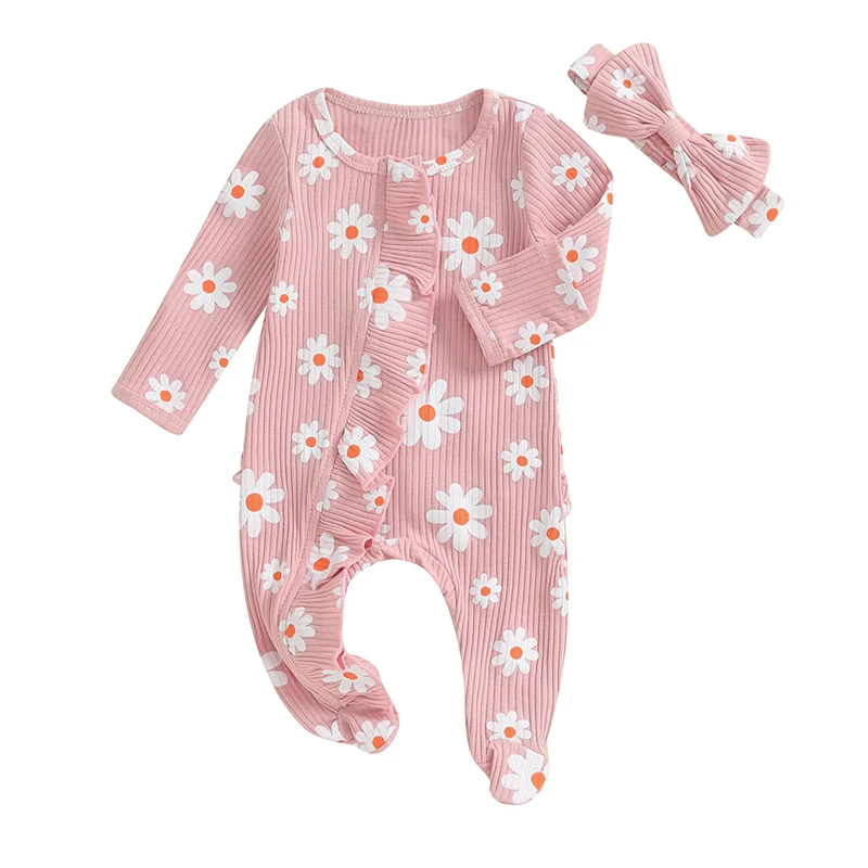 Newborn Baby Girl Footies Ribbed knit Romper Daisy Print Long Sleeve Zip Up Ruffle Jumpsuit Bodysuit Fall Clothes