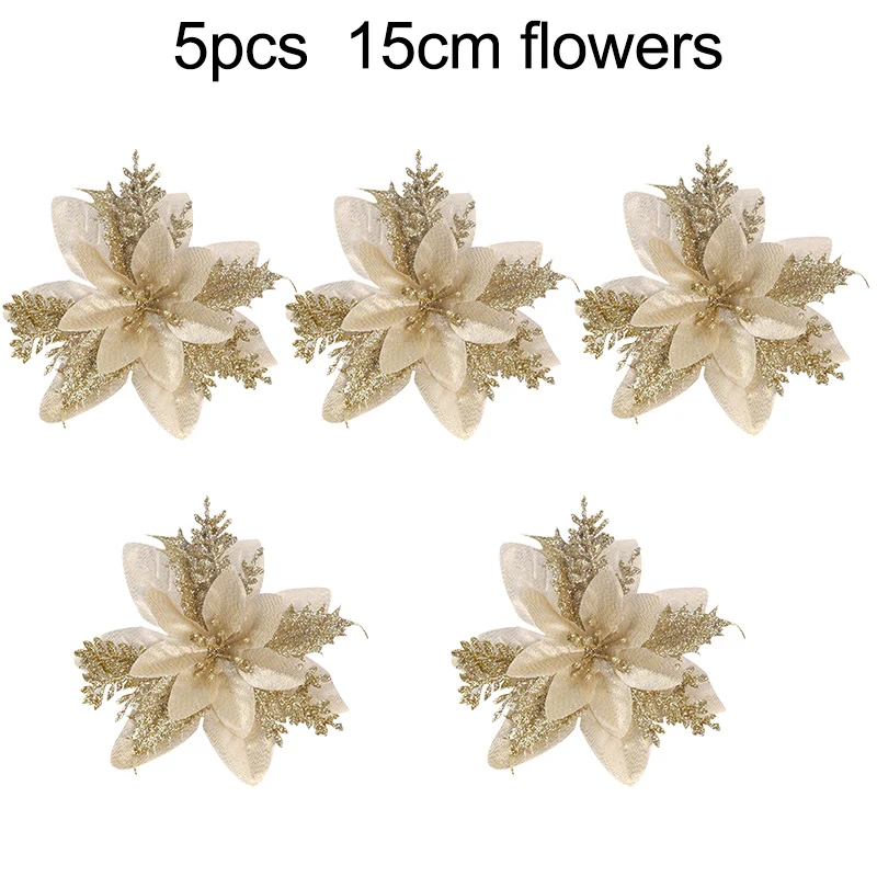 1/5/10pcs Sparkling Red Golden Silver Poinsettia Artificial Flowers Christmas Tree Ornaments for Xmas New Year party Decoration