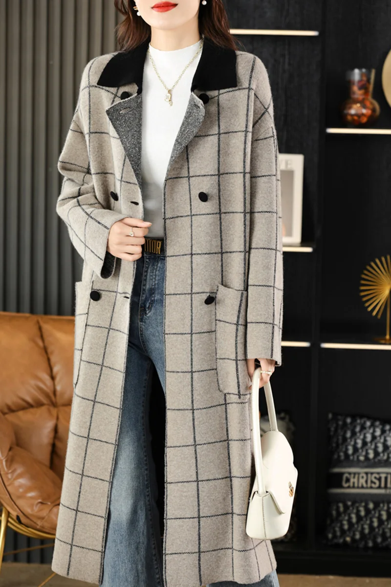 Autumn and Winter New 100% Pure Wool Plaid Double sided Wool Coat Women's Mid length High end Fashion High end Wool Coat