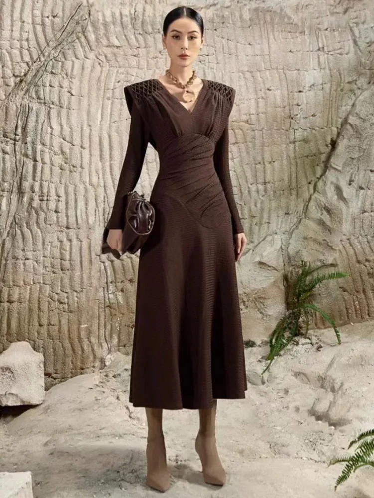 DEATWomenFashionDressVneckShoulderPadLongSleevePleatedSolid