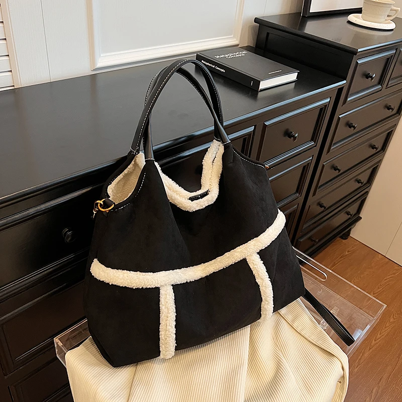 Women Faux Suede Shoulder Bag Lamb Wool Handbag Crossbody Bag Large Capacity for Shopping Work