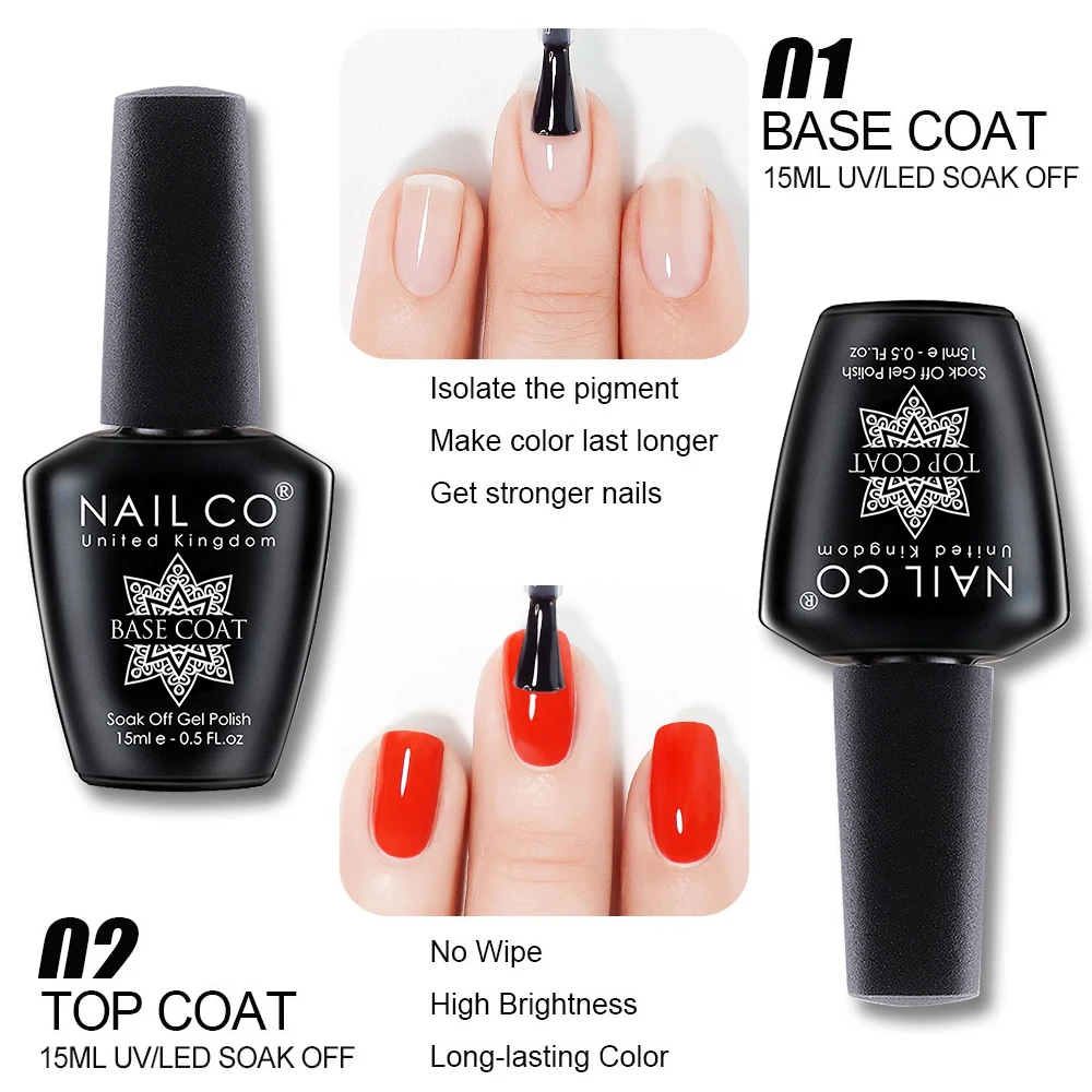 Nailco 15Ml Base Coat Top Coat Gel Uv Smalti Per Unghie 2 Pz/Set Colori Lakiery Hybrydoe Vernis Esmalte Nails Art Manicure Soak Off