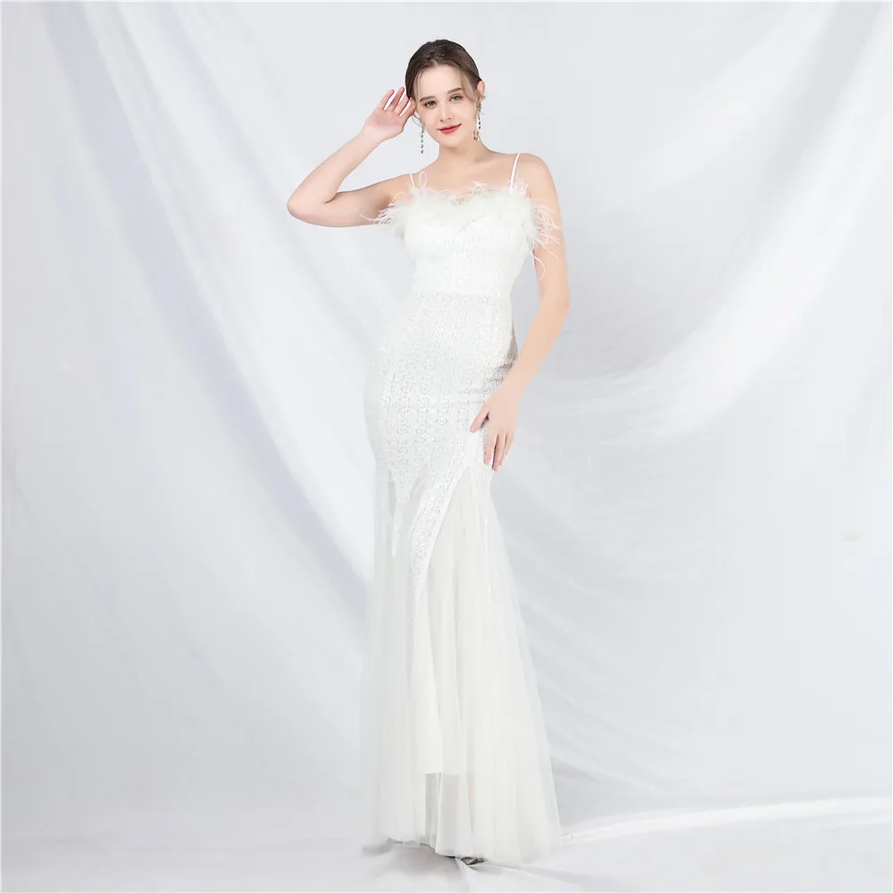 

Long White 2024 Mermaid Dress Evening Sweetheart Spaghetti Straps Backless Feathers Sequin Elastic Women Party Prom Gowns