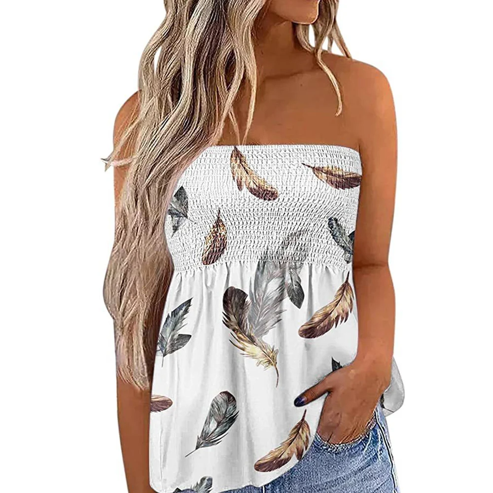 Women Feather Print Strapless Slim Fit Tshirt Vest