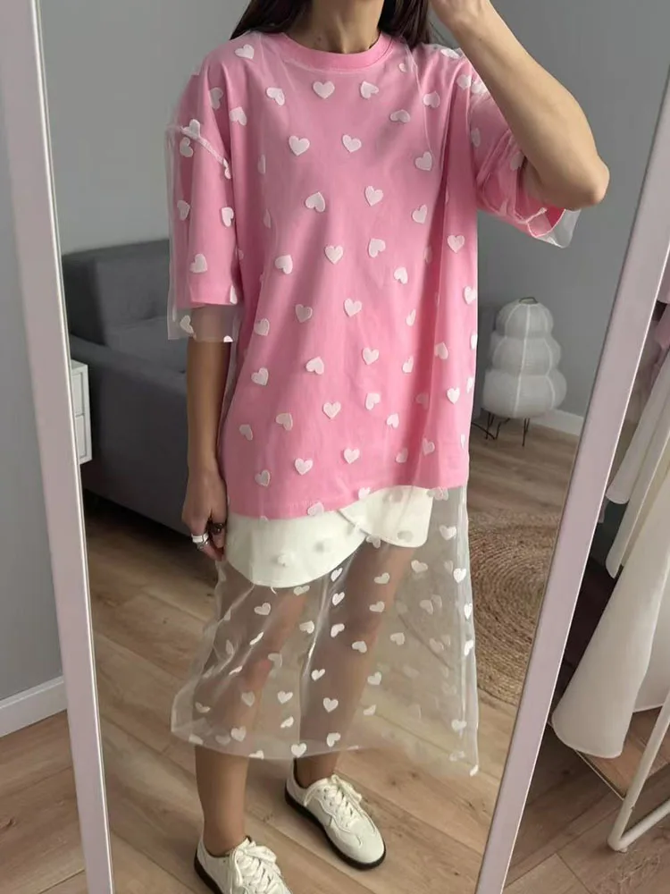 Long Mesh T Shirt Dress For Women Short Sleeve Heart Tulle Fake Two Piece Dresses WOmen's White Loose Maxi Dress With Heart Red