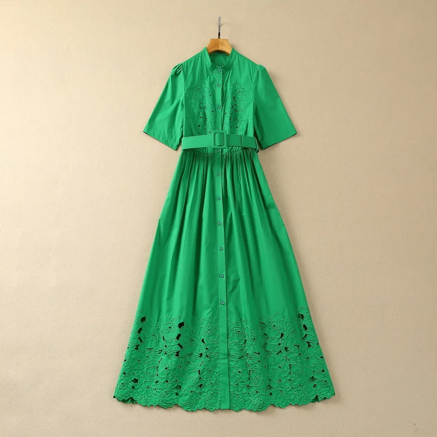 

European and American women's clothes 2024 spring new Stand collar Short sleeve green hollow embroidered belt Cotton dress XXL