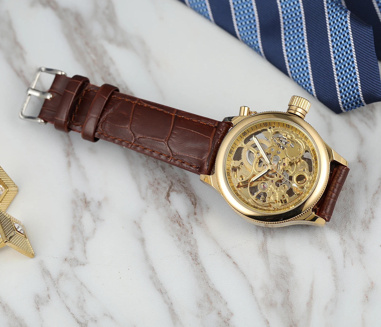 FORSINING Chain Crown Designer Luxury Man Business Watch Gold Steel Skeleton Mechanical Automatic Movement Clock Waterproof Male_voghion.com