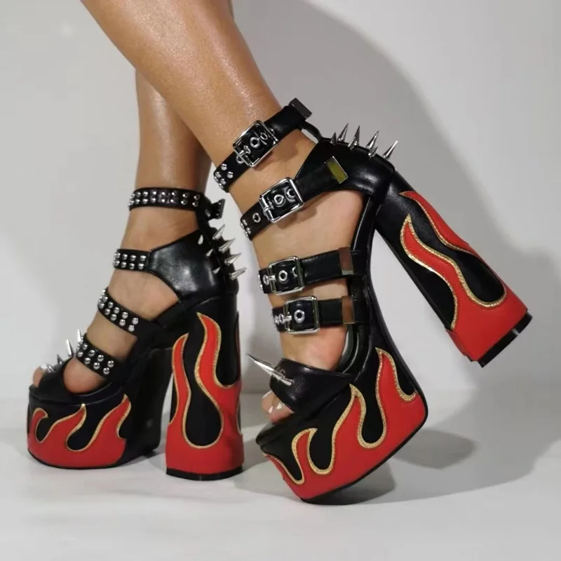 

Sexy Punk Flame Platform Sandals Metal Rivets Buckles Patchwork Chunky Heel Sandals Open Toe Straps Studs Thick Heel Party Pumps