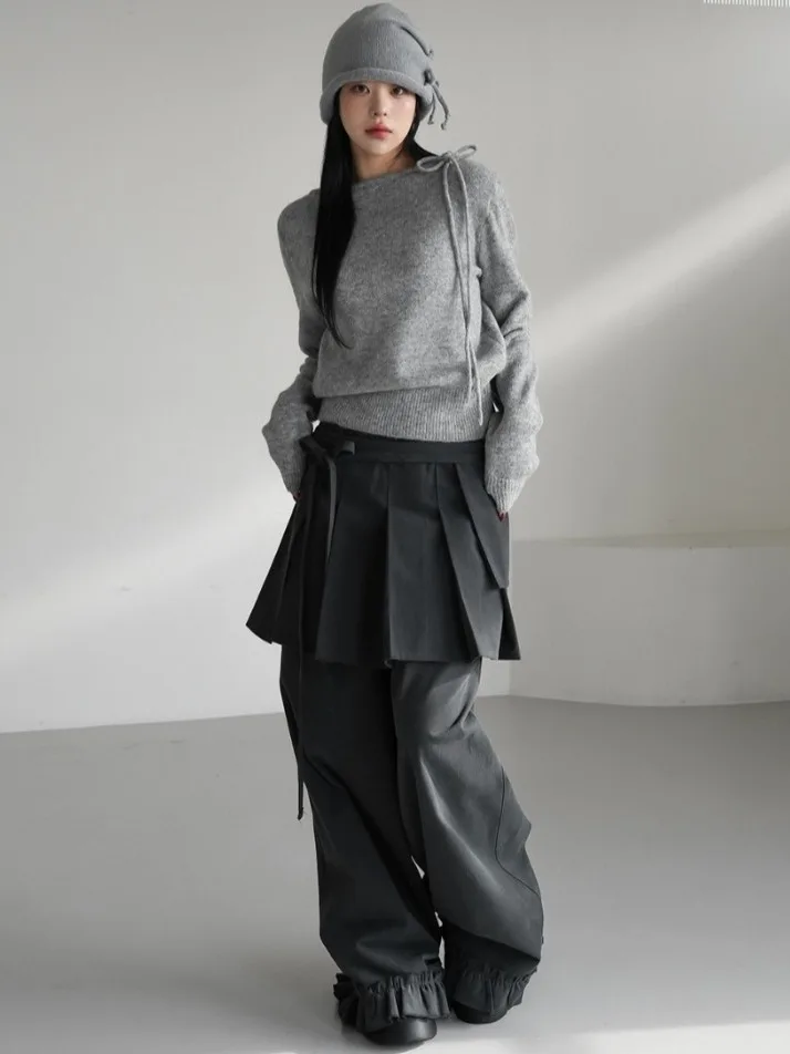 Korean Sle Wood ain  Casual Long Pants Women's Spring New Vintage Personali ket Belted Pleated  Skirt Set