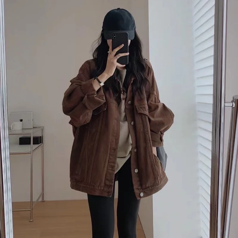 2023 Autumn New Port Style Retro Denim Coat Women Loose Slim Design Sense of Temperament Coffee Color Jacket Solid Color Commute