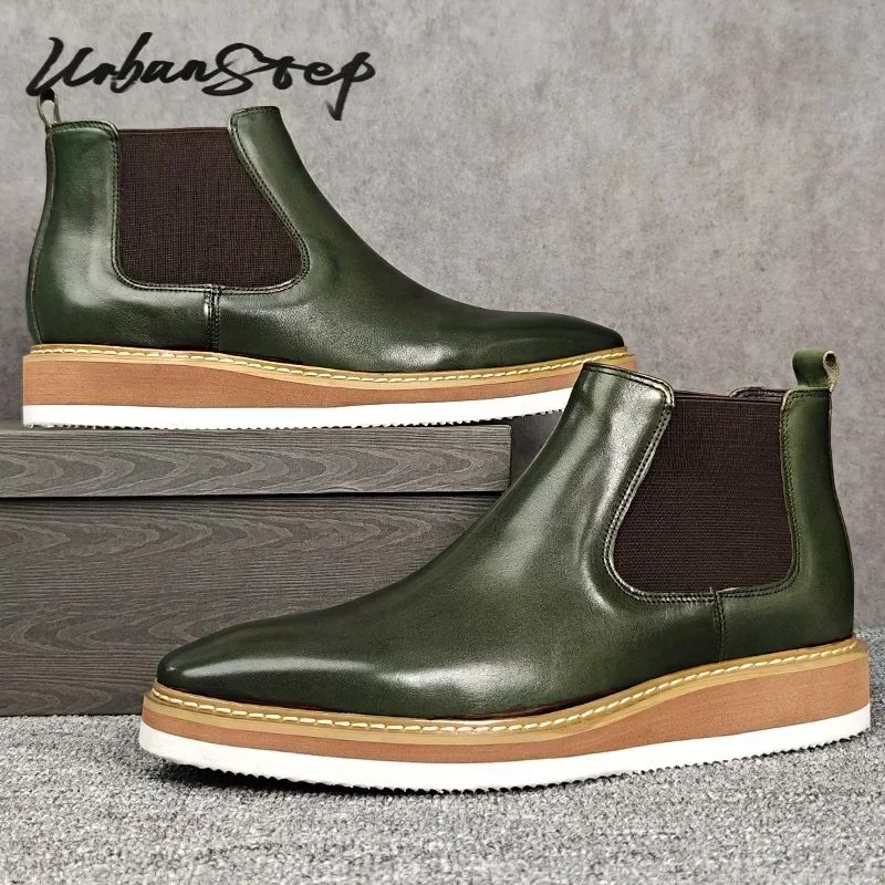 British Style Cow Genuine Leather Men's Chelsea Ankle Boots Slip-on Elastic Band High Top Sneakers Casual Dress Boot for Men