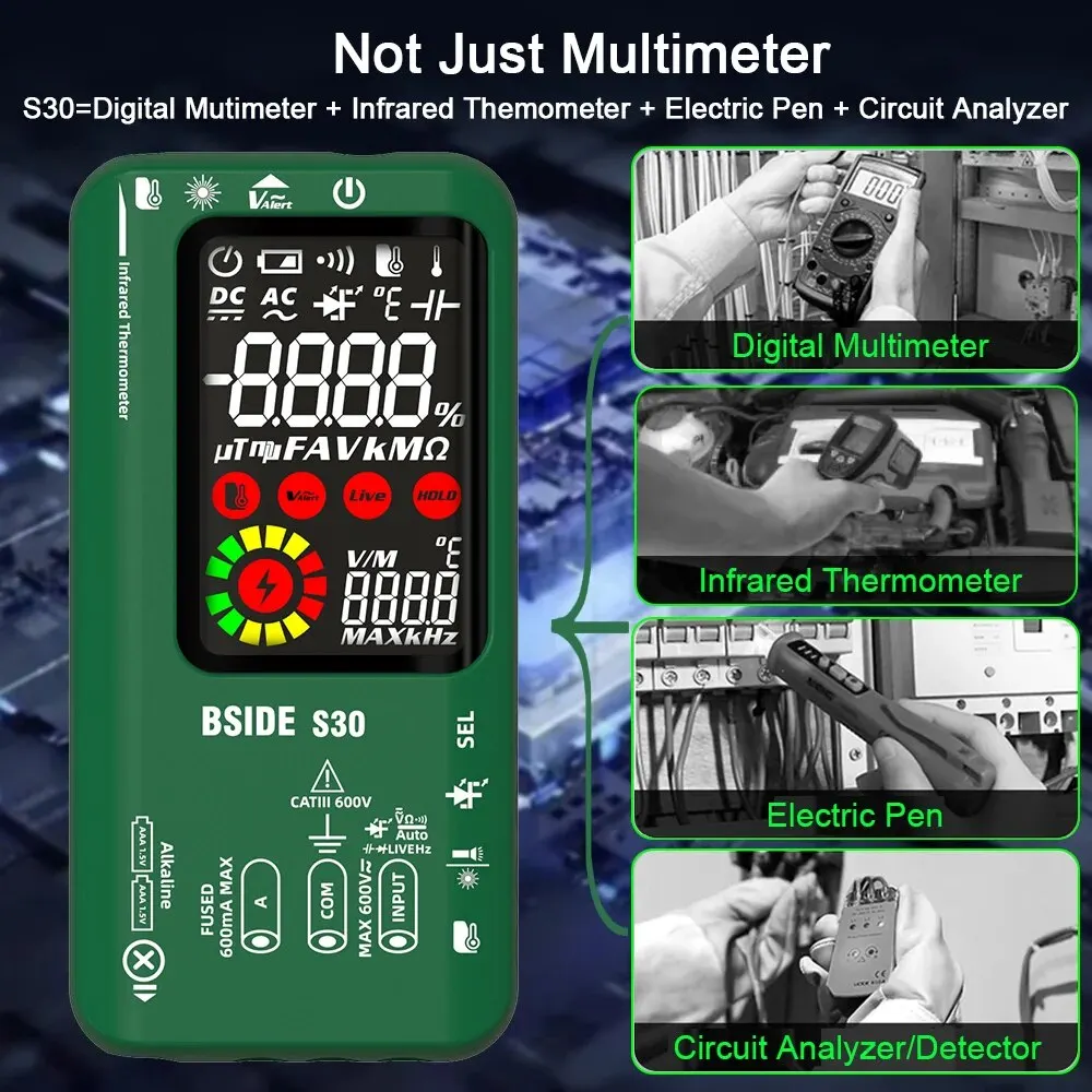 BSIDE Smart Digital Multimeter Infrared Temperature 15V Diode LED Tester True RMS 9999 DC AC Voltage Rechargeable Multiteter DMM digital multimeter