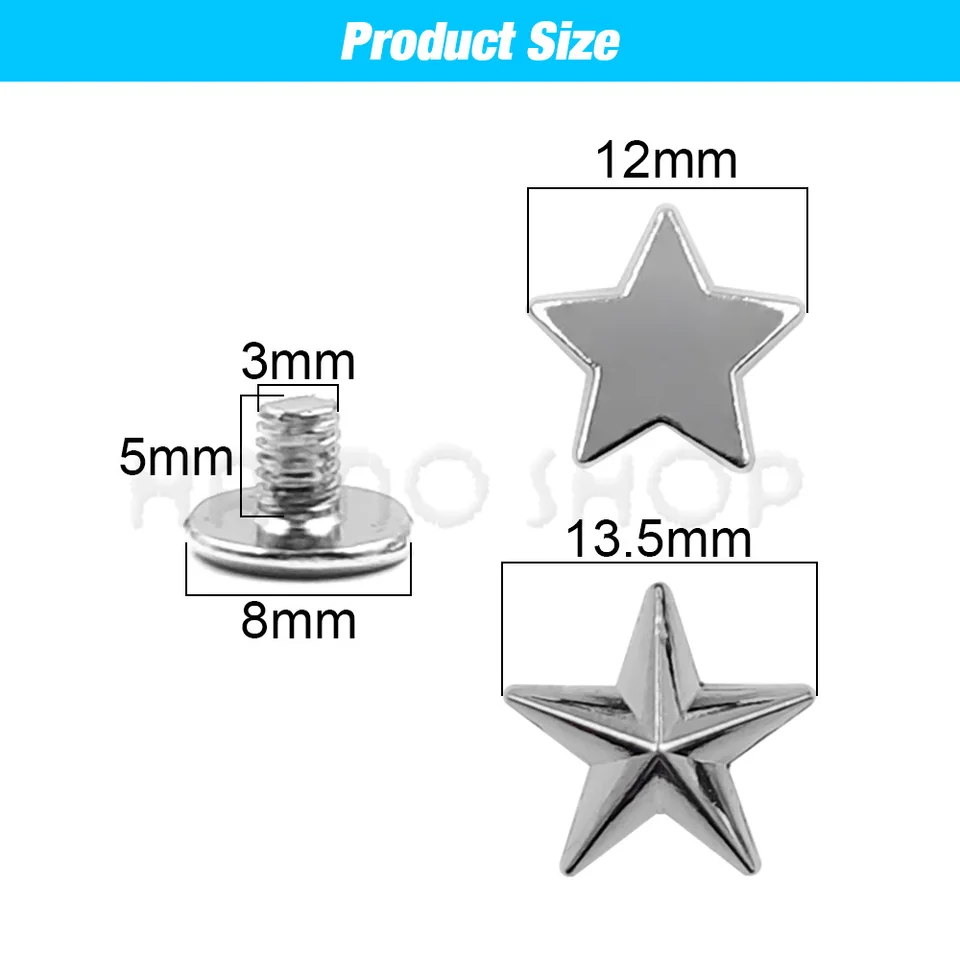 Set di 100 borchie a forma di stella, 10 mm/15 mm, in metallo, a pressione, punk, rivetti a stella per borse fai da te in pelle, abbigliamento, borse, 100 x 10 mm/15
