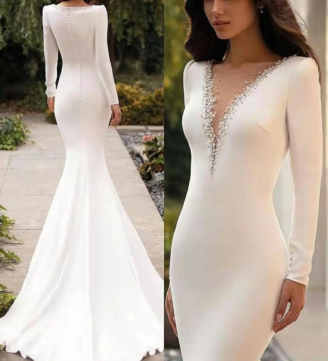 

Sexy Long Sleeves Wedding Dress 2023 Mermaid Beaded Illusion Neck Bridal Gowns Sweep Train Vestidos De Novia Buttons Back Custom
