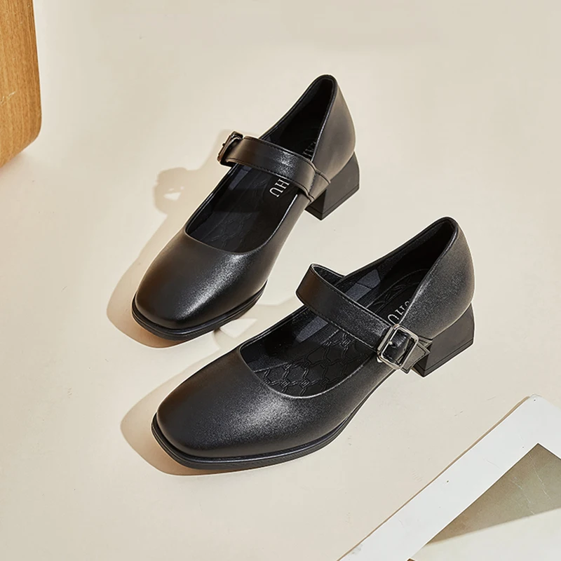 

Square toe soft sole black work shoes women's thick heels 4cm flat buckle medium heel professional women's shoes