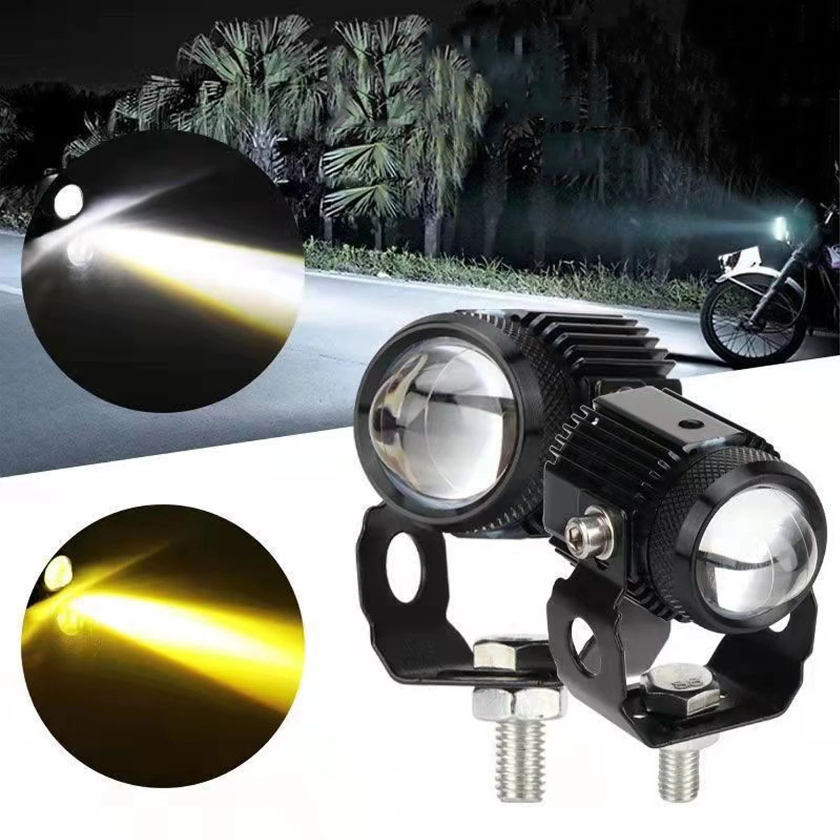 2Pcs Motorcycle LED Spotlight Headlight Spot Fog Dual Colour Lens Hi