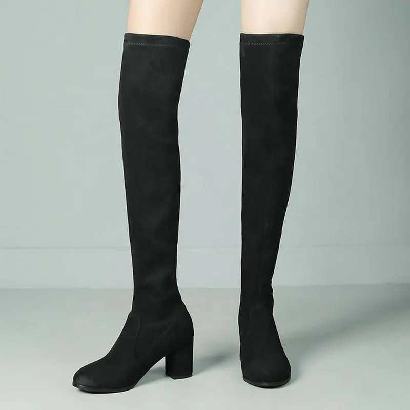 

2024 Women Over the Knee Boots Square Heel Round Toe Ladies Long Boots Flock Slip on Autumn Fashion Dress Women's Boots Big Size