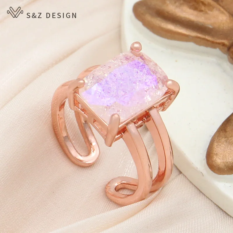 S&Z DESIGN New Fashion Rectangle Ice Crack Crystal Adjustable Rings For Women Wedding 585 Rose Gold Color Stylish Jewelry Gift