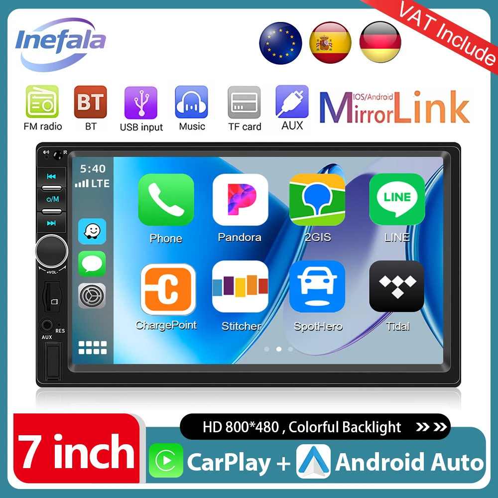 Podofo 7 pulgadas inalámbrico CarPlay Android Auto reproductor Multimedia para coche Universal 2 Din Radio de coche FM BT pantalla táctil reproductor MP5 estéreo 1