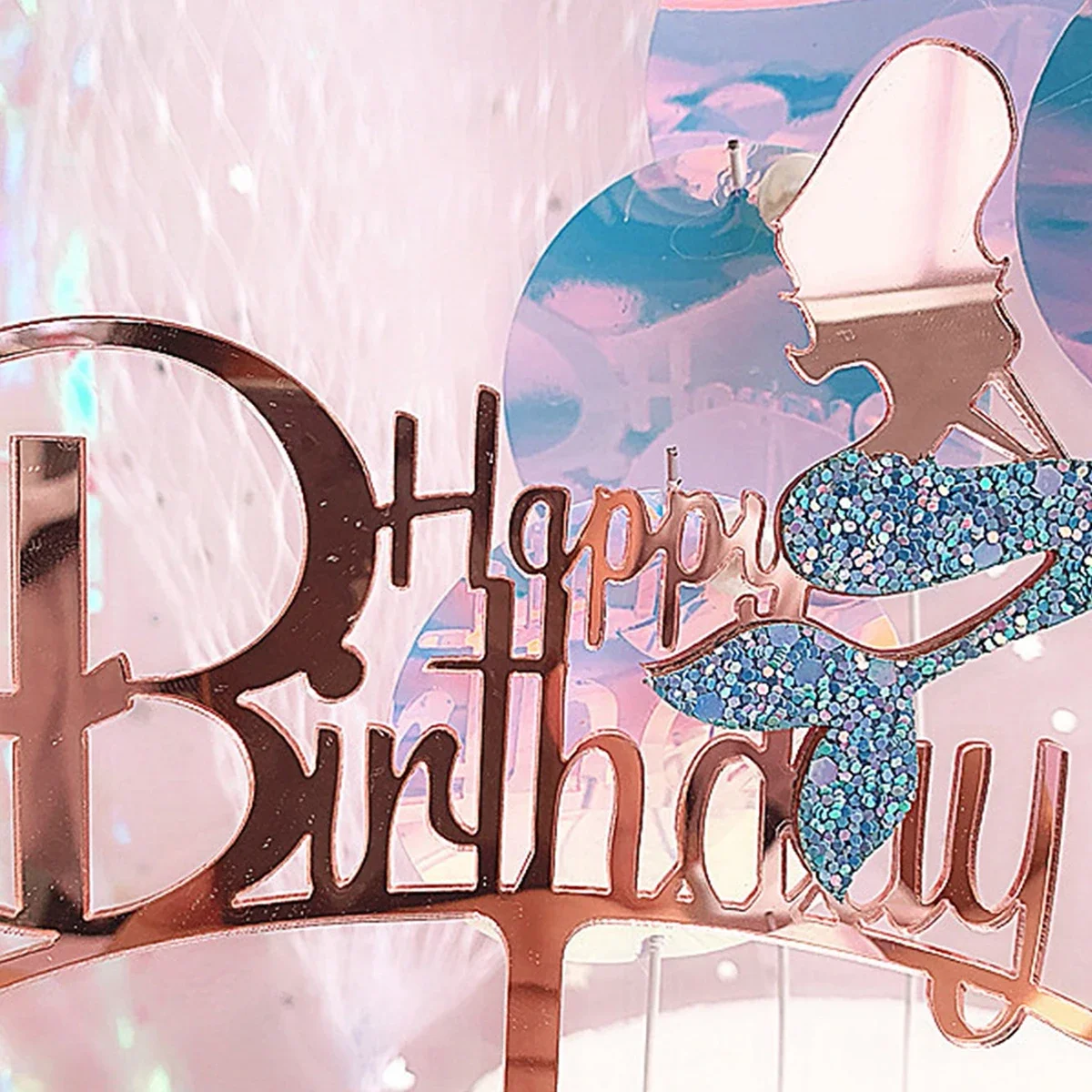 1pc Glitter Mermaid Happy Birthday Cake Mermaid Cake , Under The Sea Themed,  Birthday Party Supplies