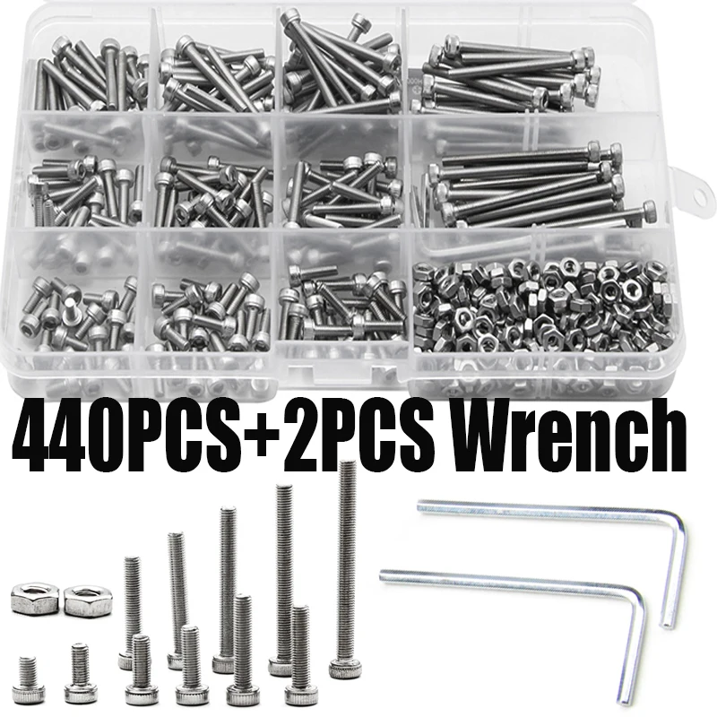 

440PCS Screws 304 Stainless Steel M3 Screws Cylinder Head Hexagon Hex Screw Bolt Kit with Wrench Furniture Fastener Kit