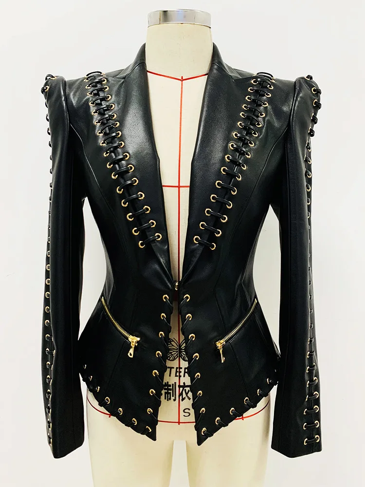 HIGH QUALITY Newest Fashion 2024 Designer Jacket Women's Rope Lacing Up Slim Fitting Leather Blazer 2