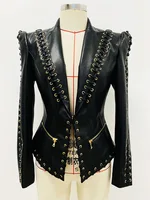 HIGH QUALITY Newest Fashion 2024 Designer Jacket Women's Rope Lacing Up Slim Fitting Leather Blazer 2