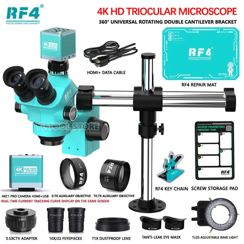 RF4 더블 붐 줌 Simul Focal Trincular 스테레오 현미경 1080P 4K HDMI USB 현미경 카메라 전화 PCB 수리 도구