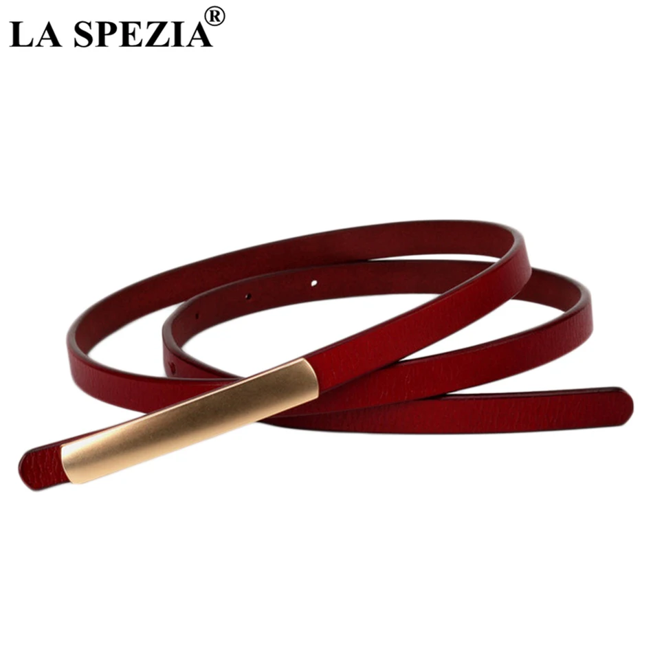 LA SPEZIA Women Waist Belt Thin Smooth Buckle Leather Belt Female Solid Red Leather Cowhide Narrow Fashion Brand Belts Dresses la spezia leather dress belt women red thin pin buckle belts female narrow genuine leather cowhide ladies brand waist belt jeans