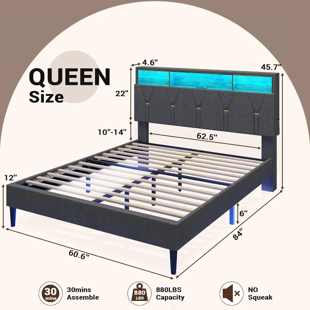Queen Bed Frame with USB Ports & Outlets LED Shelf Storage Headboard Upholstered Platform LED Lights bed frame