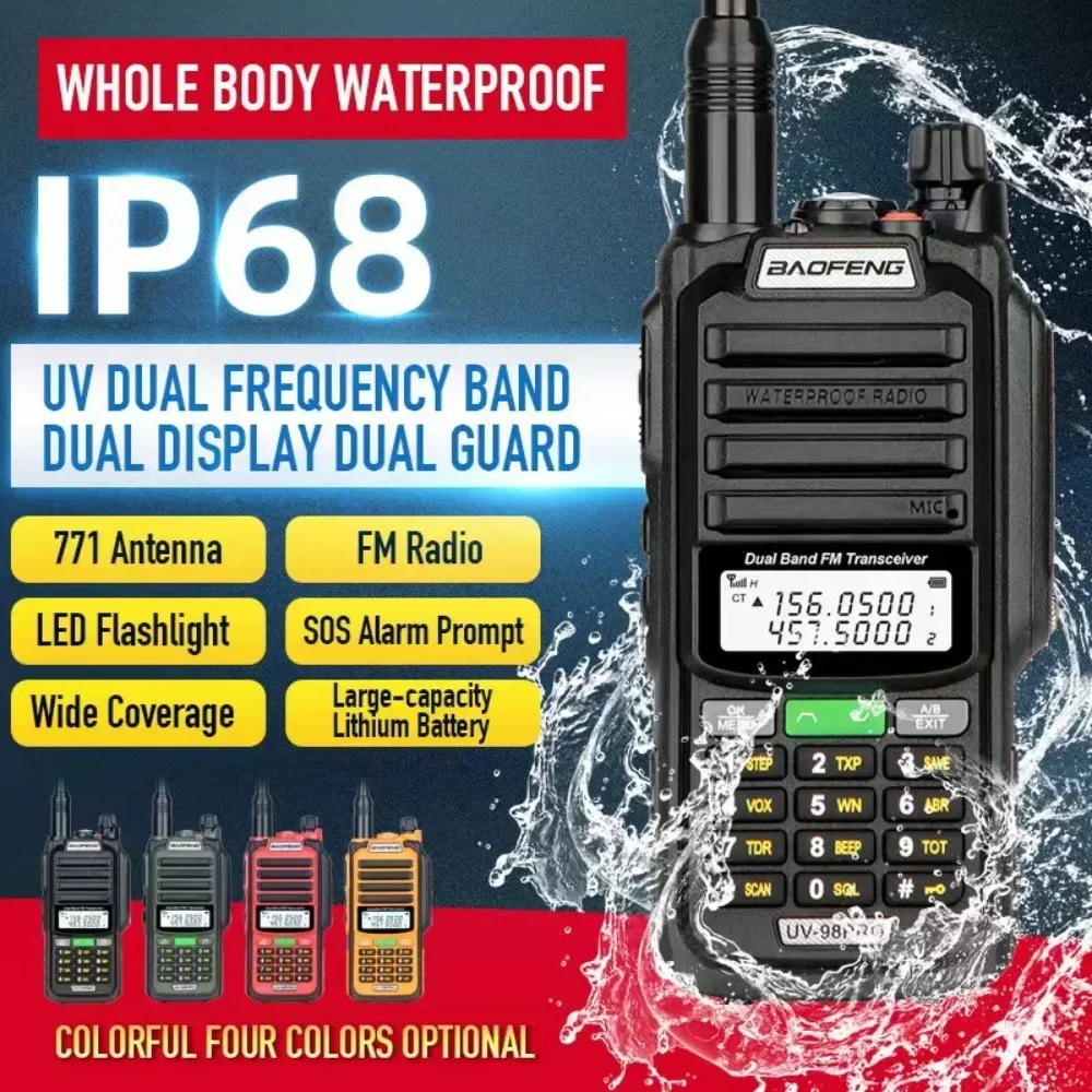 Baofeng 2024 UV-98 Pro Walkie Talkie Long Range 50KM IP68 Waterproof Dual Band FM Radio HAM CB Radio Comumicador Wireless Set