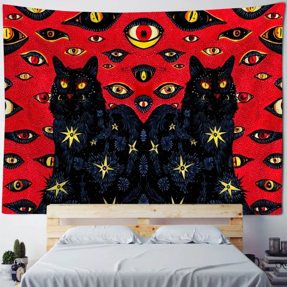 

Psychedelic cat print tapestry wall hanging witchcraft hippie eye cartoon home tapestry bohemian aesthetic room art decoration