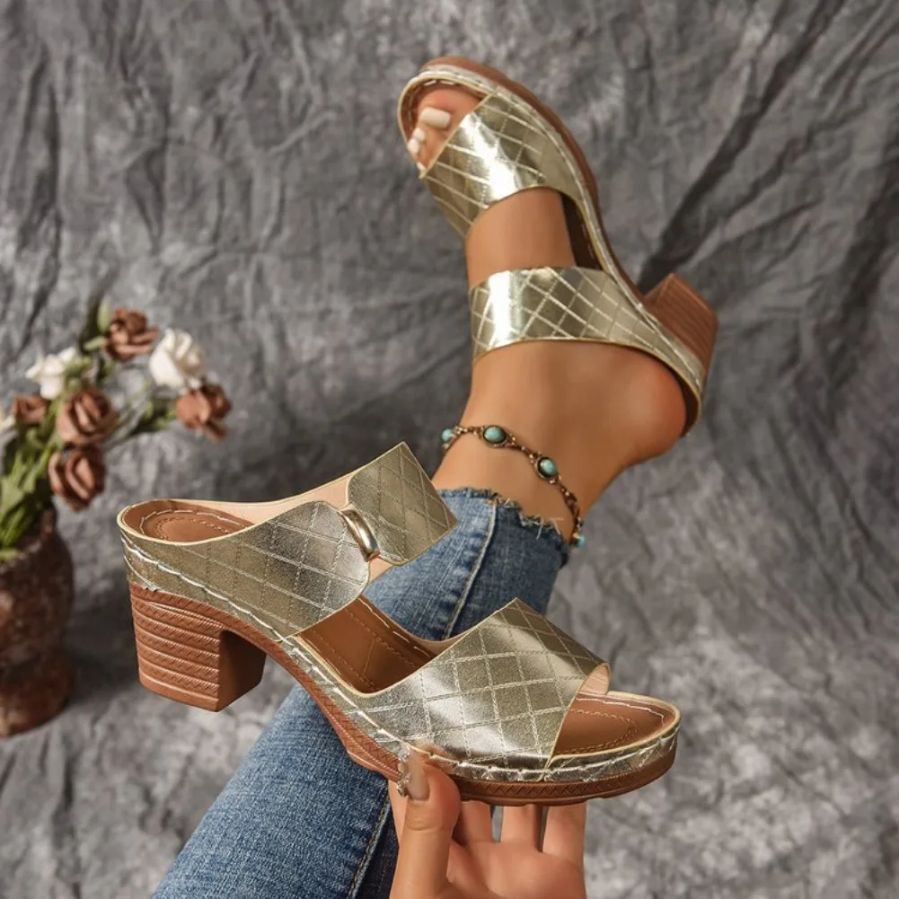 Elegant Ladies Shoes 2025 Brand Open Toe Women's Slippers Fashion Outdoor Dress Sandals Summer New Plus Size Non-Slip High Heels