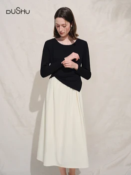 DUSHU Autunno 2025 Abito da donna a blocchi di colore in stile francese - Gonna longuette da lavoro con pannello a contrasto e vestibilità lusinghiera 1