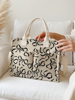 Beige Corduroy Tote Bag with Black Bow Print – Large Capacity - Image 5