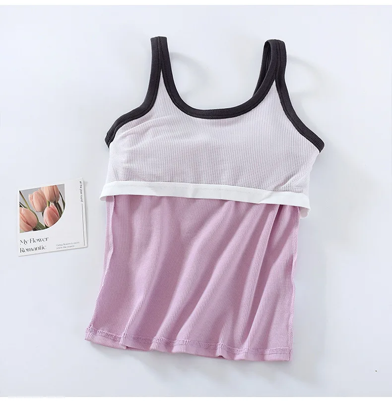 Einteiliger Pyjama V-Ausschnitt Hosenträger Brust gepolsterte Weste Damen schlanke Unterwäsche Kontrast farbe Baumwoll basis Hemd träger loses Oberteil – Detail 15