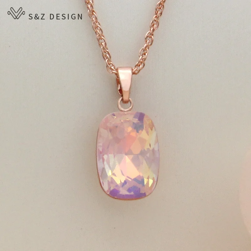 S&Z DESIGN New Fashion Rectangle Colorful Crystal Pendant Necklace For Women Wedding Elegant 585 Rose Gold Color Jewelry Gift