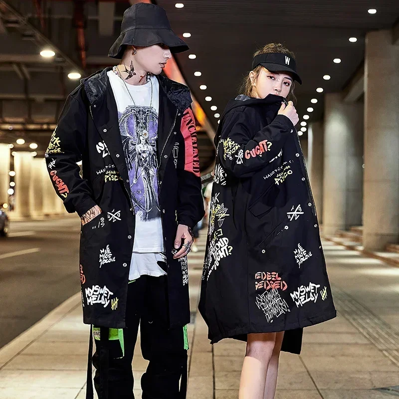Letter Print Jacket for Men Graffiti Trench Coat Hip Hop Clothing