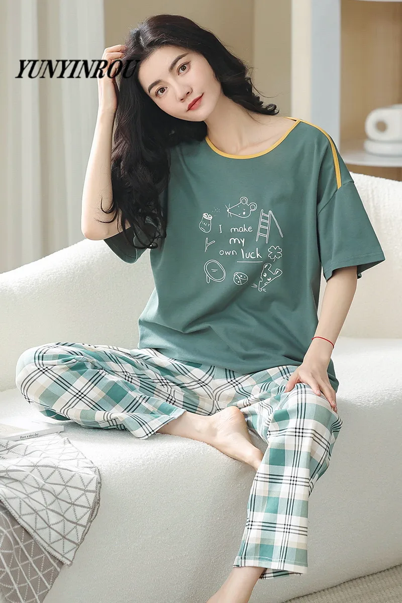 Summer Two Piece Sets for women Short Sleeved Plaid PJ Knitted Cotton Sleepwear Elegant Women's Pajamas Lounge Home Pijama Mujer pj sets Pajama Sets