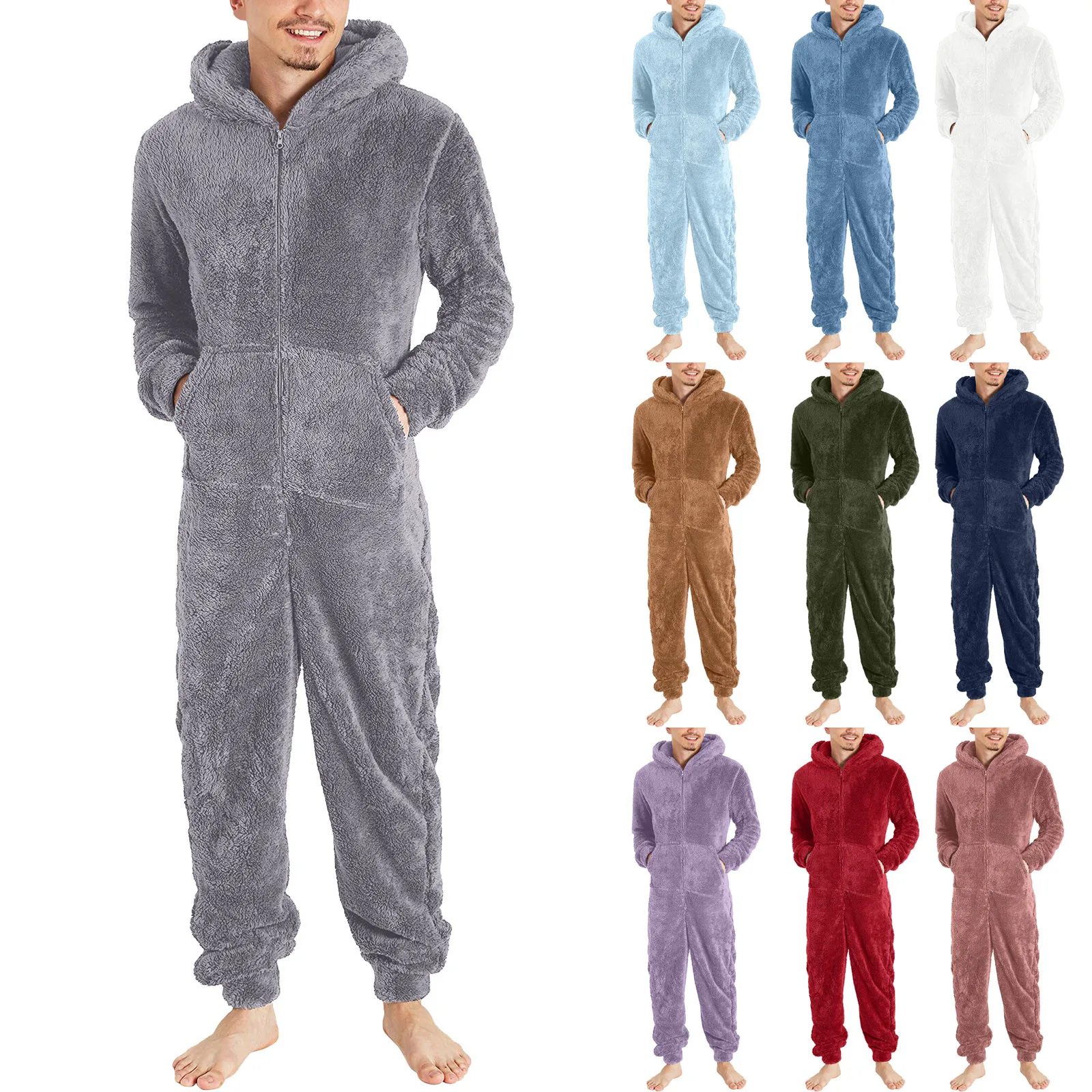 Winter Pajamas Jumpsuits for Men Long Sleeve Hooded Artificial Wool onesie sleepwear Home Warm Fleece Men's pajama jumpsuit