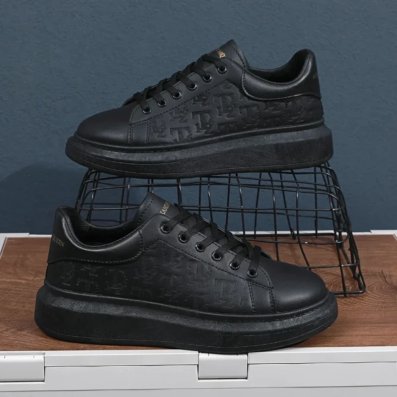Leather Casual Shoes Men Lace-up Thick Sole Casual Sneakers Versatile Leather Muffin Shoes Elevated Male Board Footwear